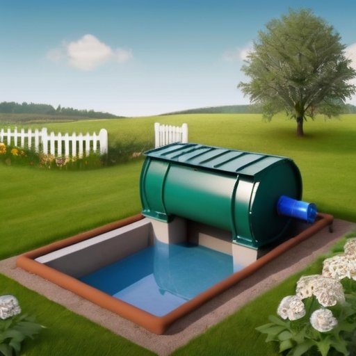 Спокойный загородный пейзаж с автономной системой sewage: септик в саду, компостный туалет на фоне, ясное небо.