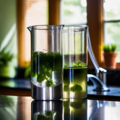 Современная система фильтрации воды в чистой кухне с прозрачными фильтрами и индикатором чистоты.