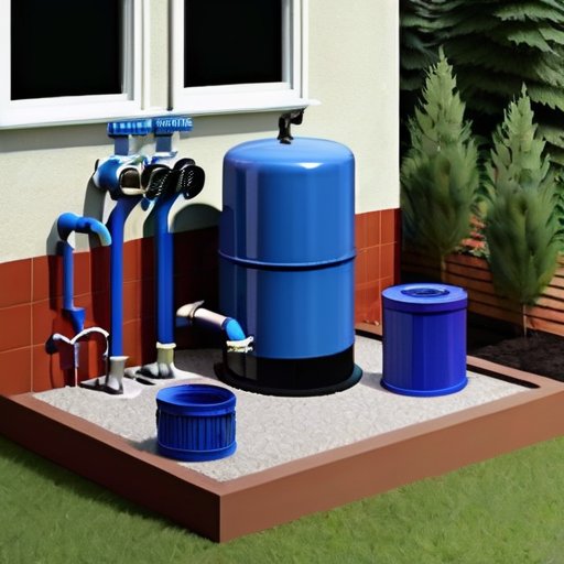 Организованная система водоснабжения на даче с водонагревателем, фильтром и трубами на фоне сада и колодца.