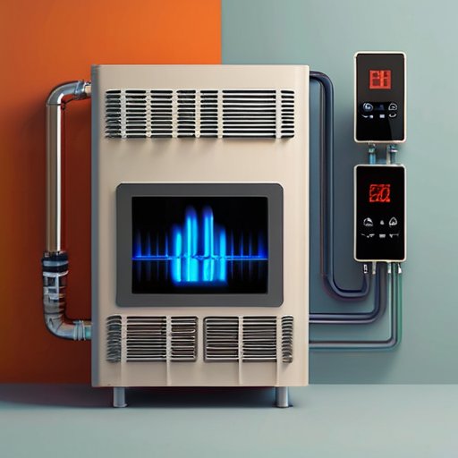 Разделенная комната: газовая система отопления с печью и трубами и электрическая система с радиаторами и цифровой панелью, визуализирующая затраты, эффективность и экологические последствия.
