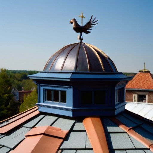 Красивая крыша с куполом, башенкой и флюгером, сочетание современных и традиционных архитектурных стилей.
