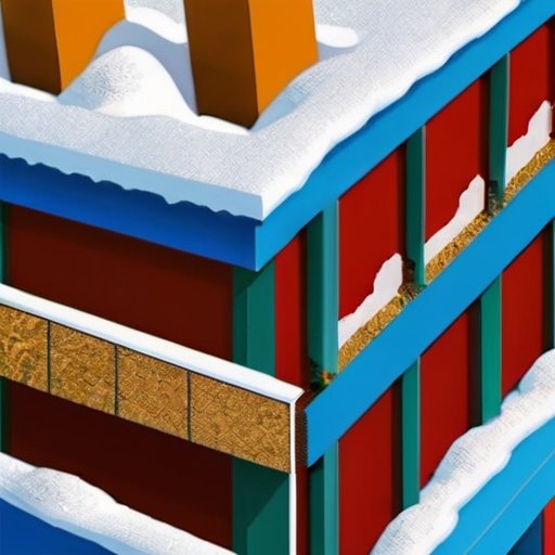 Фасад утепленного здания зимой с слоями изоляции, строительными инструментами и падающим снегом.