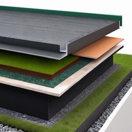 Современный дизайн плоской крыши с различными материалами, включая EPDM и зеленые крыши, с детальным разрезом, показывающим изоляцию, вентиляцию и дренажную систему.