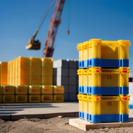 Стек газоблоков на строительной площадке с частично построенной стеной, рулетка и уровень рядом, ясное небо.