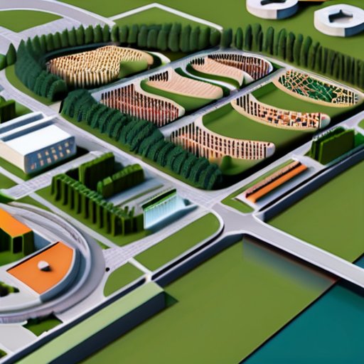 Карта городского ландшафта с микрозонированием, показывающая жилые, коммерческие, промышленные и зеленые зоны.