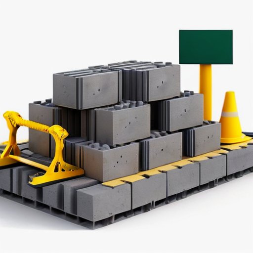 Современная строительная площадка с аккуратно уложенными газобетонными блоками, частично построенной стеной и инструментами для строительства.