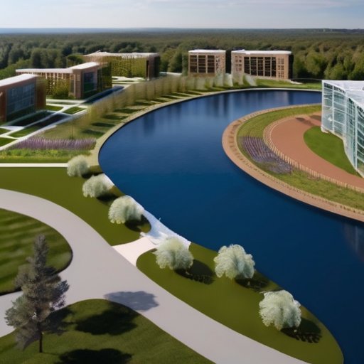 Городской парк с озером, растительностью и прогулочными дорожками.
