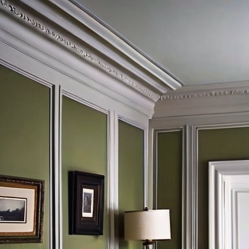 Элегантный интерьер с разнообразными молдингами из дерева, металла и штукатурки вокруг картины и зеркала.