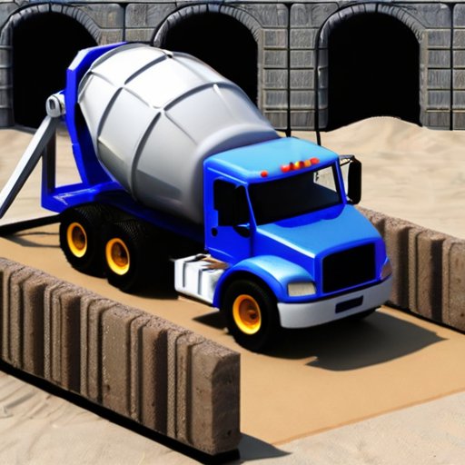 Строительная площадка с бетономешалкой, заливающей бетон V15 в опалубку. Вокруг - мешки с цементом, песок и гравий. На заднем плане - частично