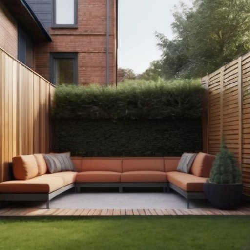 Жилой двор с газовой трубой, скрытой декоративными элементами и ухоженным садом.