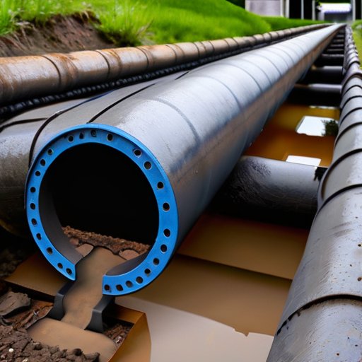 Сломанная чугунная канализационная труба с коррозией и повреждениями, инструменты для диагностики и схема дефектов.