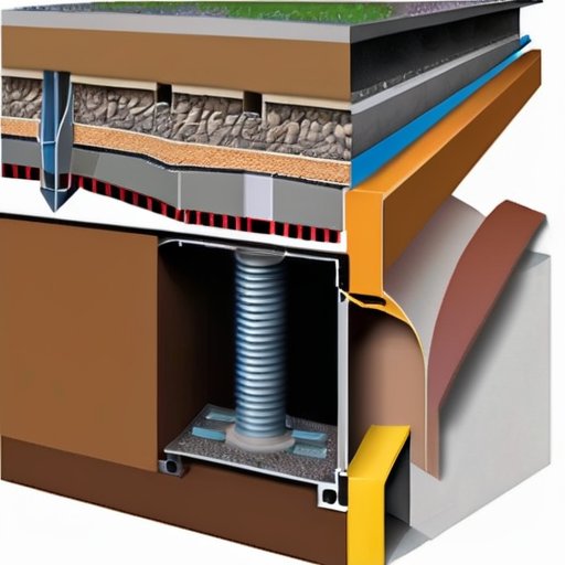 Срез современного фундамента здания с показом различных типов расширительных швов и материалов.