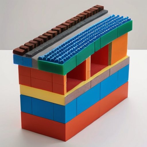 Срез здания из пеноблоков с элементами теплоизоляции и защитными покрытиями, сравнение с кирпичом и бетоном.