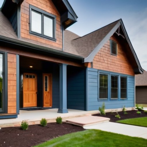 Фасад дома с разнообразными отделочными материалами: дерево, металл, винил, цемент и кирпич. Яркое небо и ухоженный ландшафт.