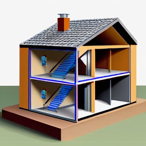 Срез частного дома с вентиляционной системой: воздуховоды, вентиляторы, чердак, индикаторы качества воздуха и энергоэффективности.