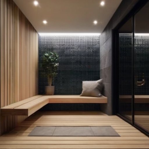 Уютный вход в сауну с эффективной вентиляцией, деревянными скамейками и зелеными элементами.