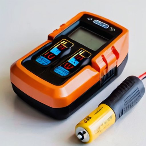 Организованное рабочее место с батареями, зарядным устройством, мультиметром и инструкциями по безопасности.