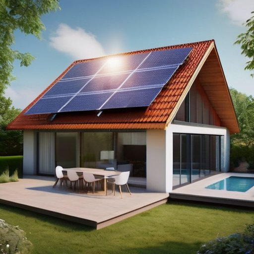 Современный дом с солнечными панелями, окруженный ярким садом и энергоэффективной техникой.