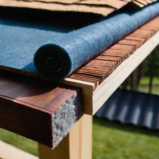 Установка рубероида на деревянную крышу с инструментами и ясным небом.