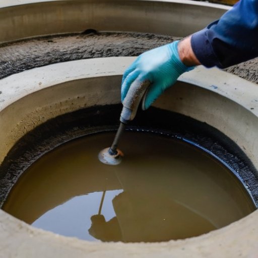 Рабочий ремонтирует бетонное кольцо колодца, нанося эпоксидный герметик в трещину. На переднем плане инструменты и ведро с материалами, на заднем - организованное рабочее