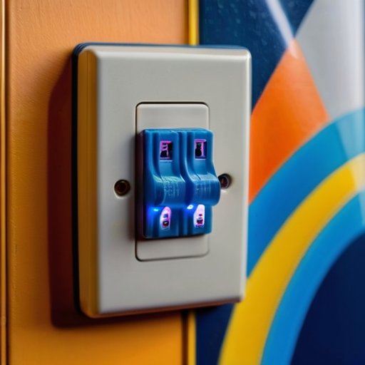 Электрическая розетка 220В с яркими линиями, иллюстрирующими напряжение, ток и сопротивление, соединяющими бытовые приборы, и элементами безопасности.