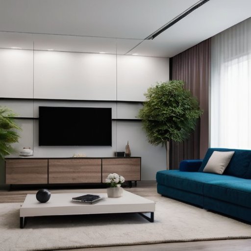 Современная гостиная с минималистичным дизайном, скрытым кондиционером и стильной мебелью.