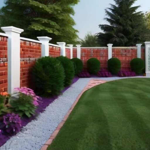 Красивая кирпичная ограда с отделочными материалами в благоустроенном саду.