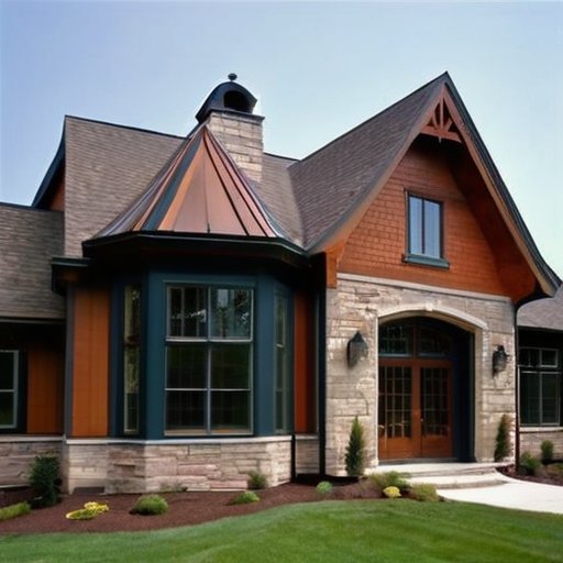 Дом с различными фронтонами из разных материалов в природном ландшафте.