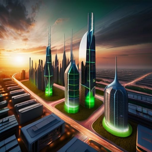 Футуристический городской пейзаж на закате с высокими небоскрёбами, зелеными пространствами и технологической инфраструктурой.