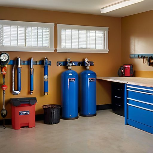 Современный гараж с газовым отоплением, аккуратными инструментами и уютным рабочим местом.