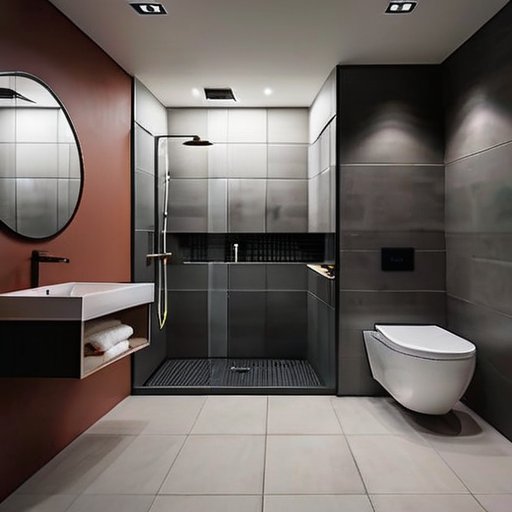 Современная ванная комната с стильным гигиеническим душем и туалетом, элегантные плитки и минималистичный дизайн.