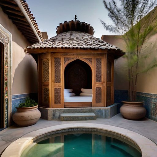 Спокойный задний двор с традиционным хамамом из камня и дерева, окружённый зеленью и цветами.