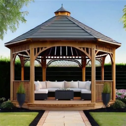 Красивый беседка 4x3 метра с двускатной крышей в зелёном саду, окружённая цветами и зеленью, с инструментами на переднем плане.