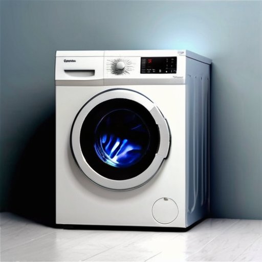 Современная стиральная машина с открытой панелью и выделенным инверторным мотором, окруженная символами энергоэффективности и долговечности.