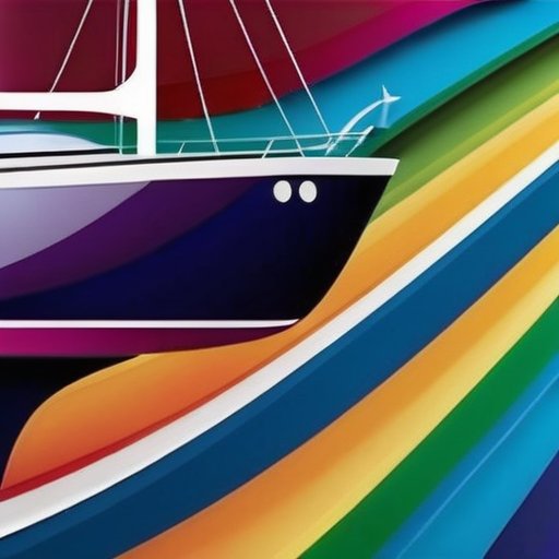 Яхта с глянцевым покрытием на фоне спокойной марины и цветных пигментов.