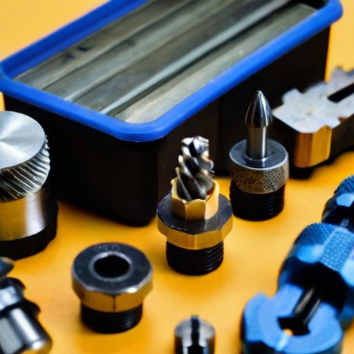 Организованное рабочее пространство для металлообработки с аккуратно расставленными сверлами, сверлильным станком и инструментами.