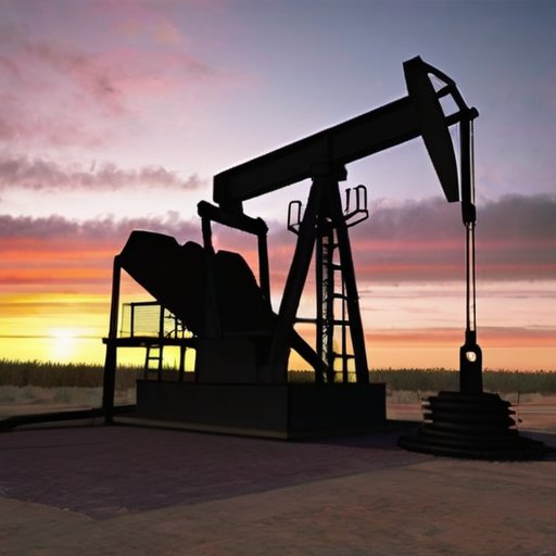 Нефтяная буровая установка на закате с тяжелым оборудованием и трубами.