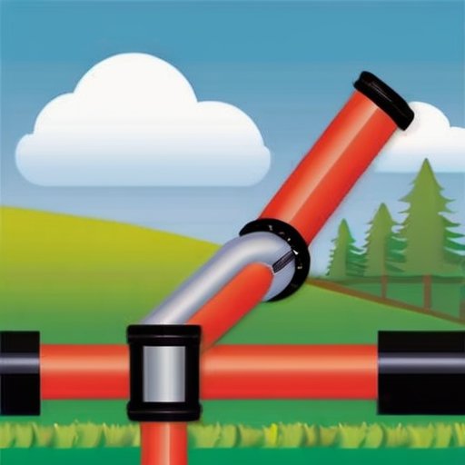 Ярко окрашенная газовая труба на фоне голубого неба и зелёной травы с инструментами для покраски.