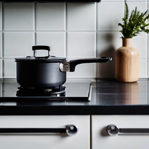 Современная кухня с газовой плитой и чистой горелкой, инструменты для уборки и газовый счетчик.