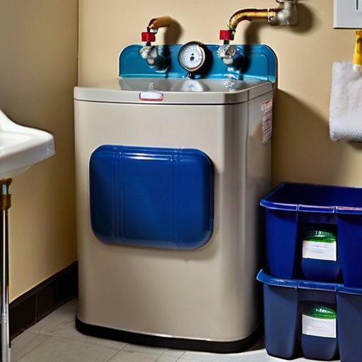 Чистая и организованная установка водонагревателя с инструментами и средствами для уборки.