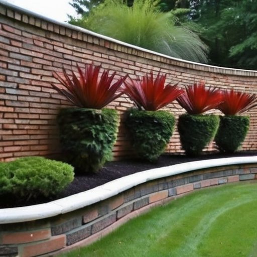 Красивая кирпичная ограда с декоративными элементами, вертикальными садами и ухоженным садом.