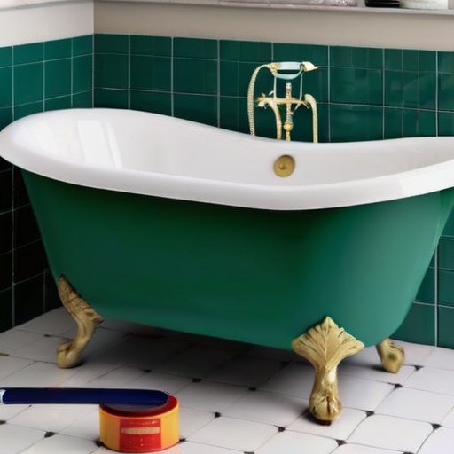 Чистая ванна в современном интерьере с яркими цветами и инструментами для покраски.