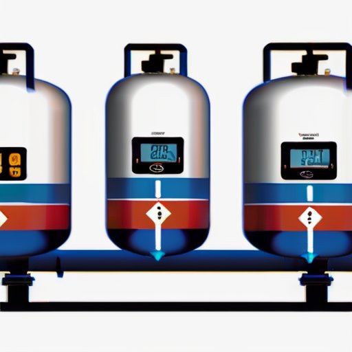 Пропановый баллон с измерениями, цифровой дисплей температуры и давления, склад с контейнерами.
