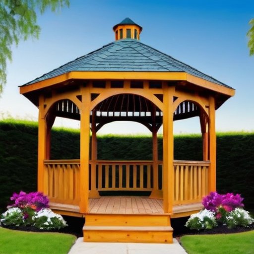 Деревянный беседка в спокойном саду с зеленью и цветами.