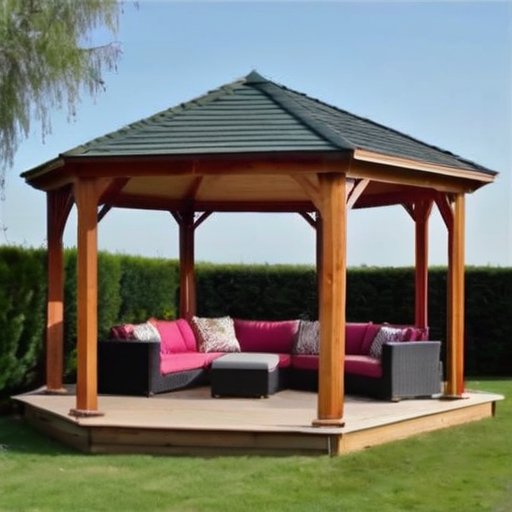 Современный односкатный беседка в саду, 3x4 м, деревянная рама, открытые стороны, окруженная зеленью и цветами.