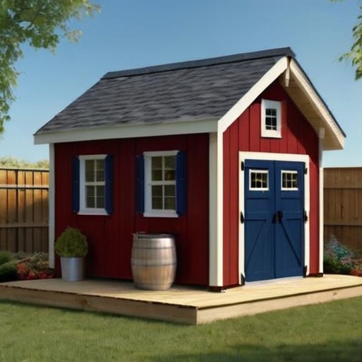 Функциональный сарай в спокойном саду с односкатной крышей, деревянными стенами, простыми окнами и дверью, окружённый садовыми инструментами и рабочим столом.