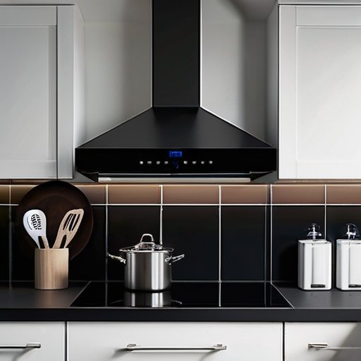 Современная кухня с настенным вытяжным вентилятором, аккуратным рабочим пространством и инструментами для установки.