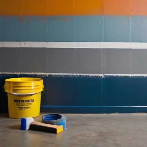 Свежевыкрашенная бетонная стена в современном индустриальном интерьере с инструментами и краской.