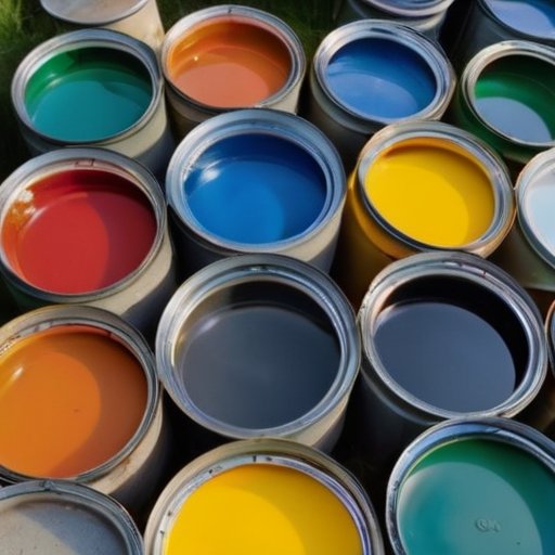 Свежепокрашенная бетонная поверхность с ярким блестящим финишем и банками с красками на фоне инструментов.