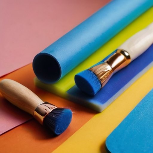 Свежепокрашенный пеноплекс на минималистичном фоне с инструментами для рисования.